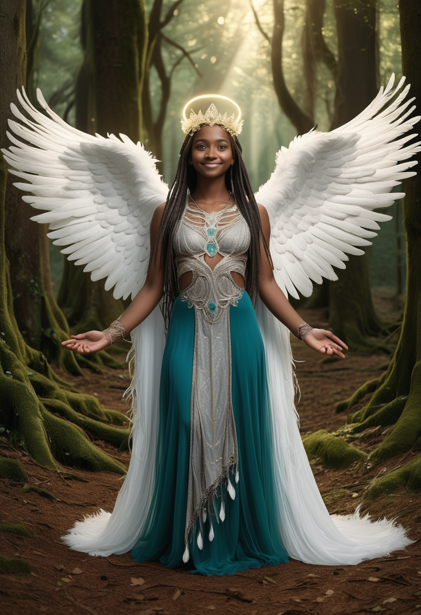 (medium full shot) of (transcendent angel with feathered wings and an angel halo) young woman, lithe build, extra long dark double braids hair, indian, ebony skin, dark green eyes,  wearing a crown of silver feathers glimmering with divine energy, celestial teal seraphic tunic with delicate lace, ethereal tulle skirt, gold stockings, silver flats, cradling a dove in gentle hands, set in  Grove of Harmony, Tranquil forest filled with ancient, moss-covered trees, their branches reaching towards the heavens, shafts of sunlight filtering through the canopy to dapple the forest floor with soft, ethereal light , at night, woman smiling, detailed face, ,Masterpiece,best quality, raw photo, realistic, very aesthetic