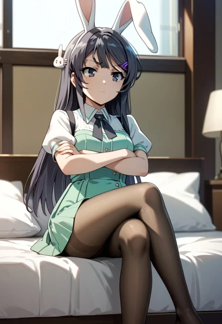 score_9,score_8_up,score_7_up,source_anime,SAKURAJIMA_MAI,1girl,solo,skirt,hair ornament,sitting,short sleeves,pantyhose,indoors,puffy sleeves,hairclip,black pantyhose,bed,crossed arms,crossed legs,green skirt,rabbit hair ornament,