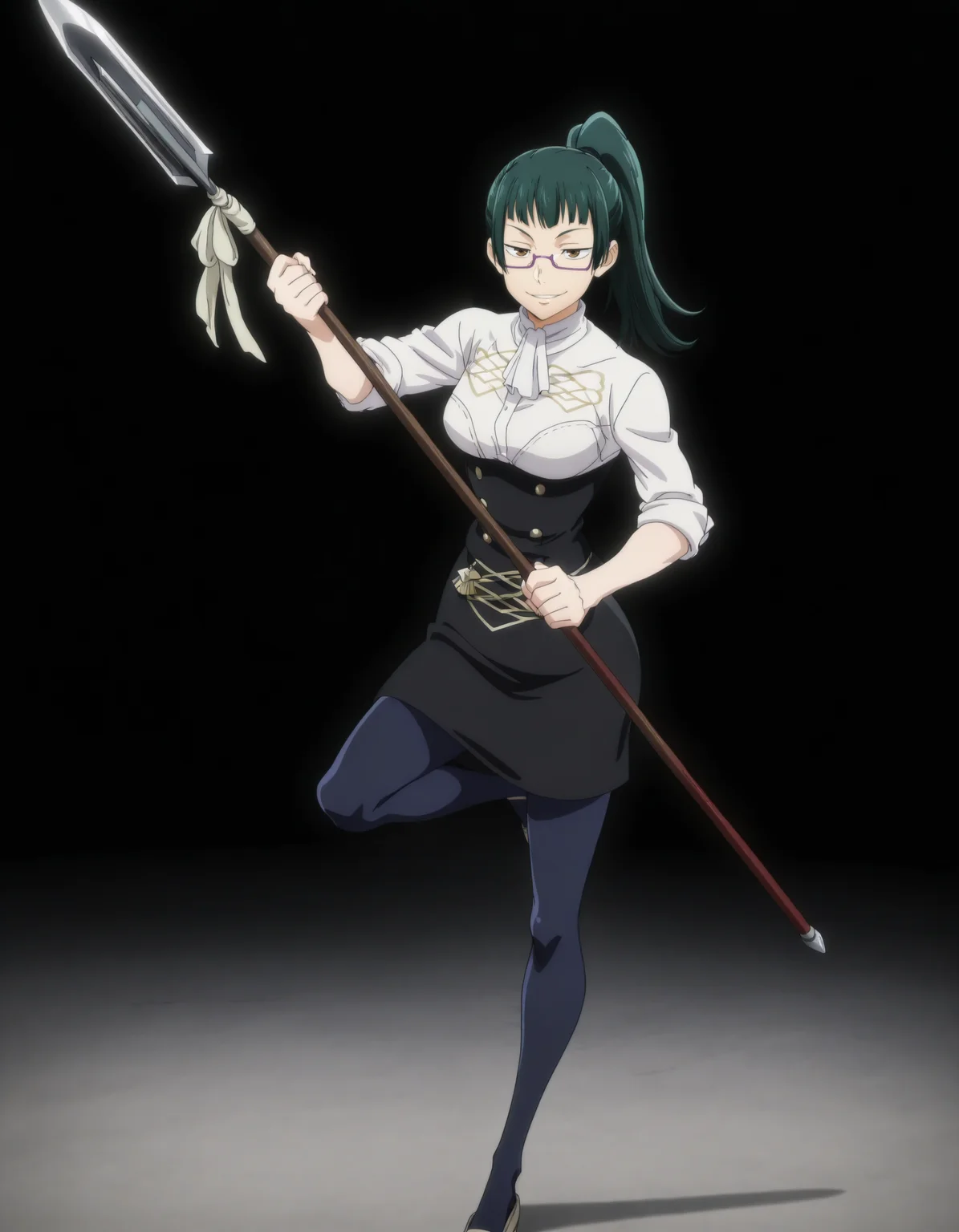 perfect composition, shadows, shading, full body, solo, <lora:feh-style-richy-v1_ixl:1> fehdef, <lora:anime_screencap-Illustrious:0.8> anime screencap, anime coloring, very aesthetic, absurdres, zPDXL, <lora:Pony_DetailV2.0:0.5> <lora:illustrious_quality_modifiers_masterpieces_v1:1>
<lora:m2k1jk-000012:1> m2k1jk, 1girl, brown eyes, glasses, green hair, ponytail, female focus, fierce smile, defined lips, glossy lips, dynamic pose, standing on one leg, fighting pose, standing, holding polearm, spear,
<lora:gmuniform2-illu-nvwls-v1:0.8> gmuniform2, white ascot, white shirt, high-waist skirt, black skirt, sleeves rolled up, blue pantyhose
black background, simple background,