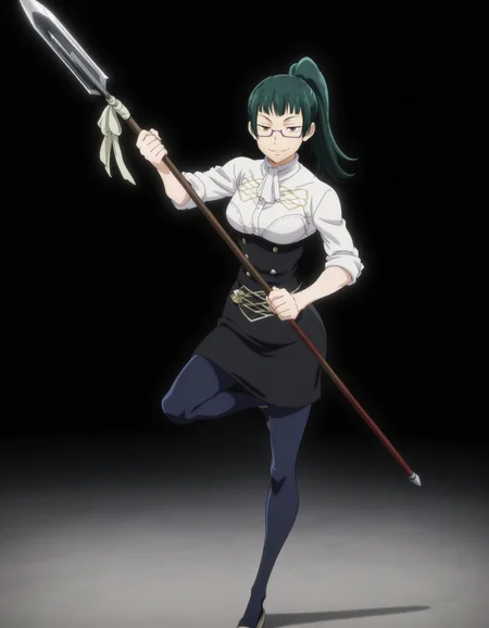 perfect composition, shadows, shading, full body, solo, <lora:feh-style-richy-v1_ixl:1> fehdef, <lora:anime_screencap-Illustrious:0.8> anime screencap, anime coloring, very aesthetic, absurdres, zPDXL, <lora:Pony_DetailV2.0:0.5> <lora:illustrious_quality_modifiers_masterpieces_v1:1>
<lora:m2k1jk-000012:1> m2k1jk, 1girl, brown eyes, glasses, green hair, ponytail, female focus, fierce smile, defined lips, glossy lips, dynamic pose, standing on one leg, fighting pose, standing, holding polearm, spear,
<lora:gmuniform2-illu-nvwls-v1:0.8> gmuniform2, white ascot, white shirt, high-waist skirt, black skirt, sleeves rolled up, blue pantyhose
black background, simple background,