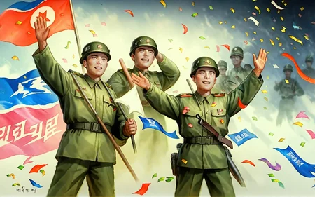 <lora:nk_join_v3:1> in gouache detailed paintings,a storybook illustration,a watercolor painting  ,bestkoreaart,official art,korean text a painting of a group of soldiers waving,confetti,flags,, score_9, score_6_up, score_7_up