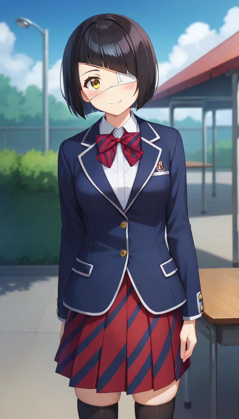 score_9,score_8_up,score_7_up,score_6_up BREAK official art,solo,outdoors,cowboy shot,looking at viewer,facing viewer,smile,blush,Nakanaka Omoharu,black hair,short hair,bob cut,blunt bangs,yellow eyes,eyepatch,school uniform,blue jacket,blazer,collared shirt,white shirt,red bowtie,striped bowtie,diagonal-striped bow,medium breasts,skindentation,long sleeves,red skirt,pleated skirt,striped skirt,black socks,loafers,<lora:Nakanaka Omoharu(kcc)-Pony:1.2>,