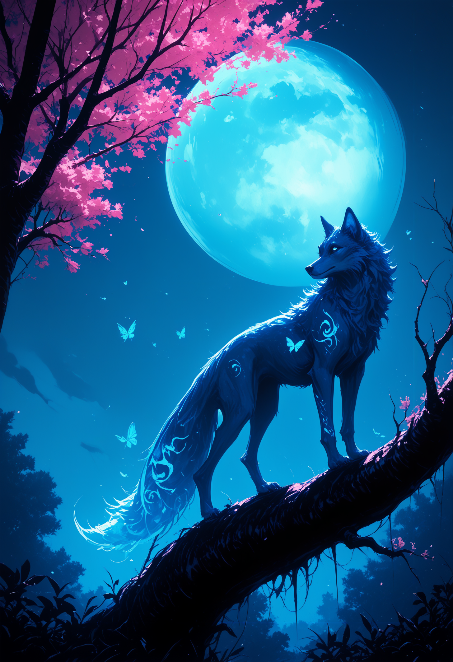 masterpiece, best quality, good quality, very awa, very aesthetic, absurdres, newest, solo, blue_eyes, full_body, flower, outdoors, sky, from_side, tree, no_humans, night, animal, moon, bug, cherry_blossoms, butterfly, night_sky, pink_flower, full_moon, blue_theme, realistic, branch, animal_focus, white_fur, blue_butterfly, fox, wolf, blue_fur, glowing_butterfly, 748cmstyle,usnr,retro