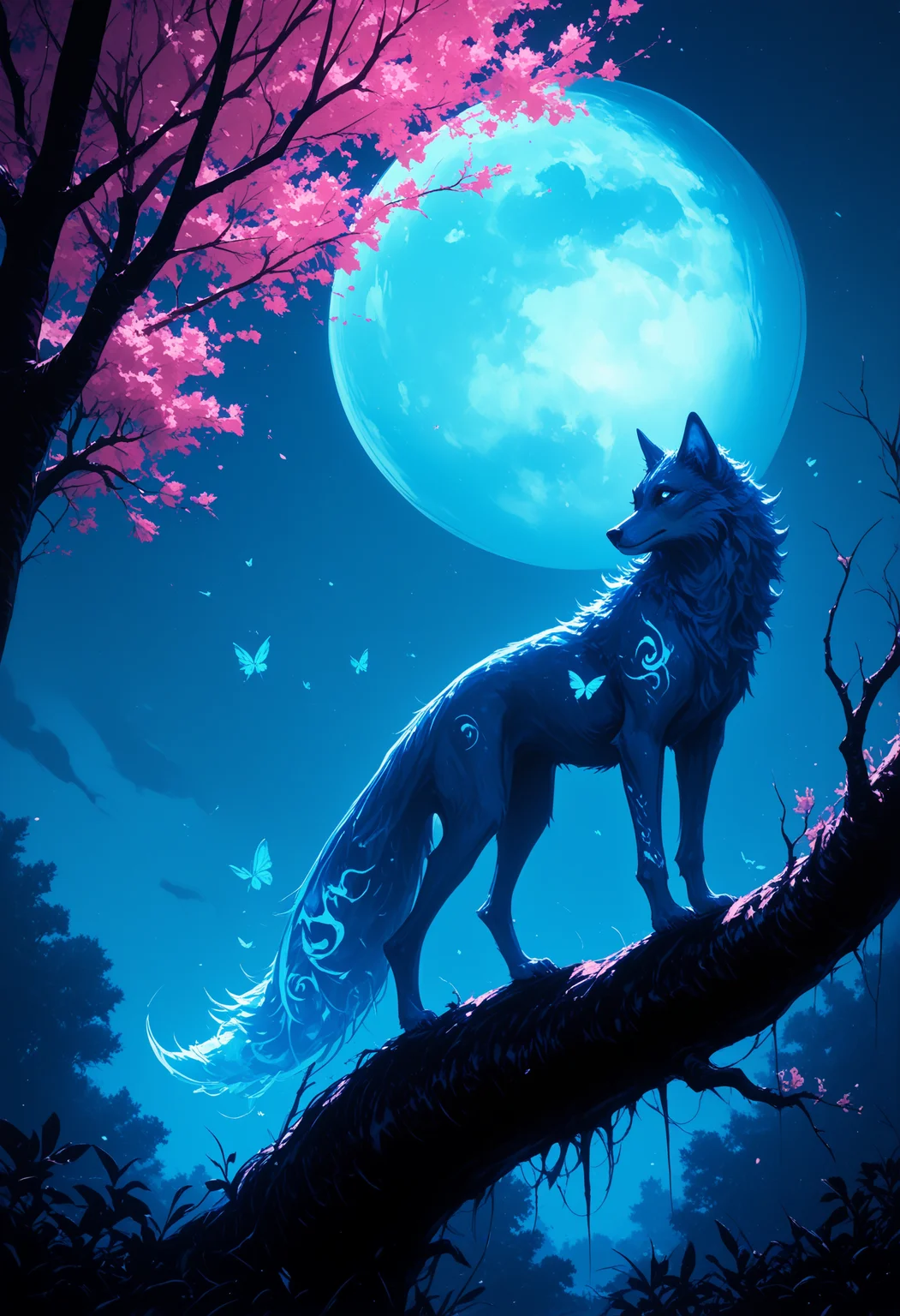 masterpiece, best quality, good quality, very awa, very aesthetic, absurdres, newest, solo, blue_eyes, full_body, flower, outdoors, sky, from_side, tree, no_humans, night, animal, moon, bug, cherry_blossoms, butterfly, night_sky, pink_flower, full_moon, blue_theme, realistic, branch, animal_focus, white_fur, blue_butterfly, fox, wolf, blue_fur, glowing_butterfly, 748cmstyle,usnr,retro
