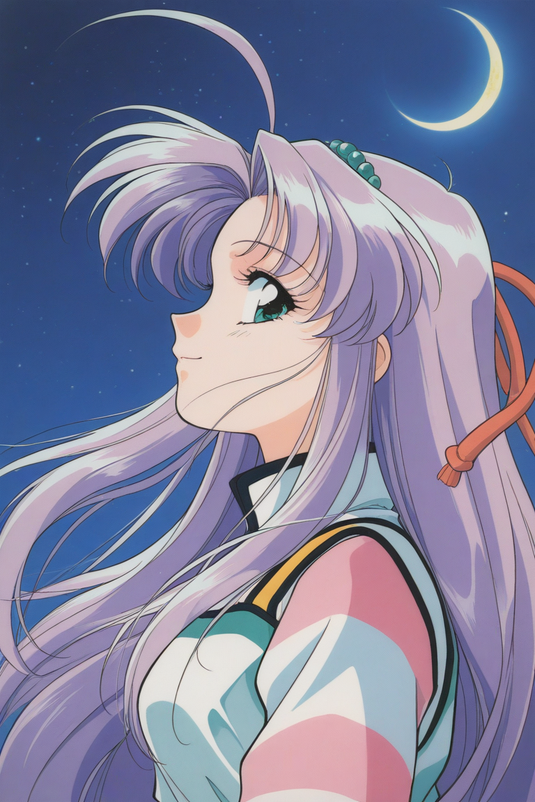 masterpiece, best quality, source_anime,official art,perfect_anatomy,1990s_\(style\),retro_artstyle,1girl,Shaorin,jewelry,ahoge,long_hair,purple_hair,dress,long_sleeves ,(profile,beautiful detailed face,looking_at_viewer,smile),portrait,close to viewer,moonlight,starry_sky,crescent_moon