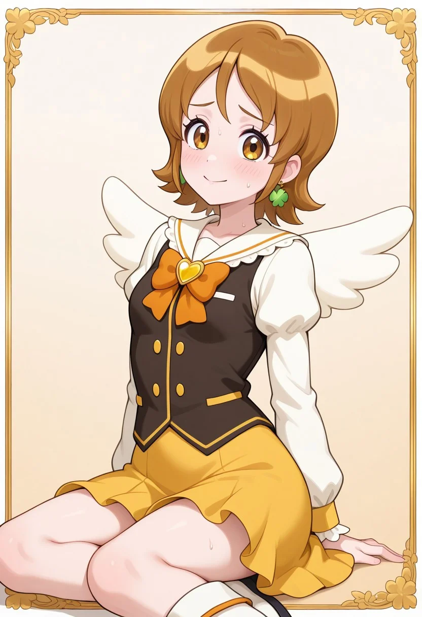 1girl, solo,
Omori Yuko, brown eyes, short caramel brown hair, short hair framing the face,
Green clover earrings, white blouse, short puffed sleeves, dark navy vest with gold details, yellow lapel, white ruffled trim, pale chiffon wings on the back, orange and white ribbon with gold heart brooch, goldenrod skirt with ruffled trim, pale yellow sleeves with white frills, white knee-length boots with gold cuffs, orange bows on boots,
small breasts, sweat, sit, attractive pose, seductive pose