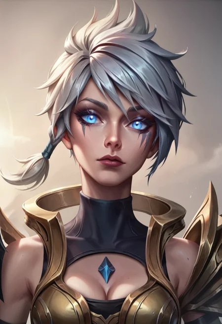 score_9, score_8_up, beautiful, gorgeous, pretty, perfect, masterpiece, high detail, (1 girl:2), (detailed face:1.8), (face focus:1.5), (zoom in:1.4), league of legends, league_of_legends, DBRiven, silver hair, golden armor, black bodysuit, bodysuit, golden shoulder armor, sidebraid, silver eyes, cleavage, short hair, (upper body:1.6), torso, Riven <lora:Dawnbringer_Riven_PonyXL:0.8>