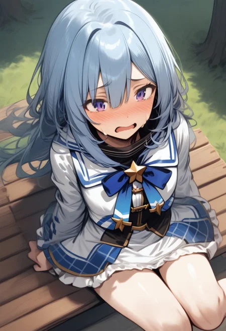 masterpiece, best quality, shinny skin, skindentation, amane_kanata_(1st_costume), hololive, 1girl, blue_hair, purple_eyes
BREAK,
embarrassed, blushing, crying, looking away, from above, diaper_changing on bench
BREAK,
, pee stain, no shoes
BREAK,
park, grass, tree, bench, path,
BREAK,
daytime,