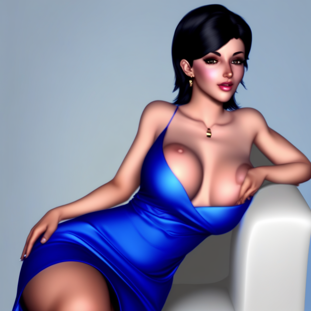 score_9, Lu da Magalu, medium-short black hair, light brown eyes, blue dress, cleavage on the breasts, cleavage on the side of the legs, blue high heels, blue earrings, high quality, detailed, realistic.
