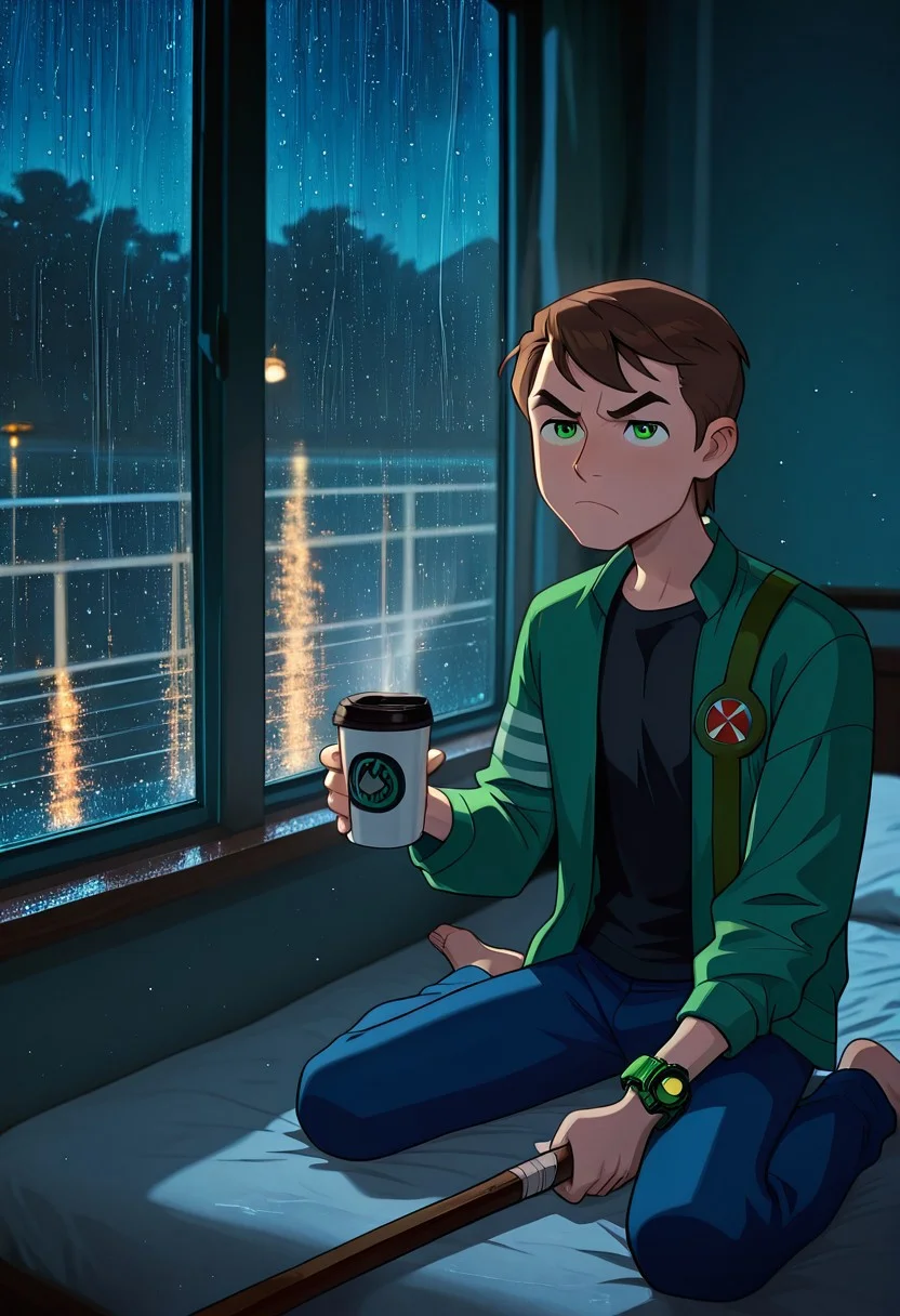 masterpiece, best quality, amazing quality, very aesthetic, absurdres, newest, detailed background,
solo, benuaf, 1boy, , open jacket, black shirt, long sleeves, thick eyebrows, angry,, wide face, wide head,
1boy, short hair,, brown hair, green jacket, blue pants, green eyes, green watch,
marcille donato, on bed,green eyes, holding coffee,, window, condensation, soft_lighting, rainy outdoors,night,light particles,bokken,wariza, depth of field, dim lighting , good composition,
re4lity_sync_illu, foreshortening, scenery, photo background, dim_lighting,hot_palette,soft light
