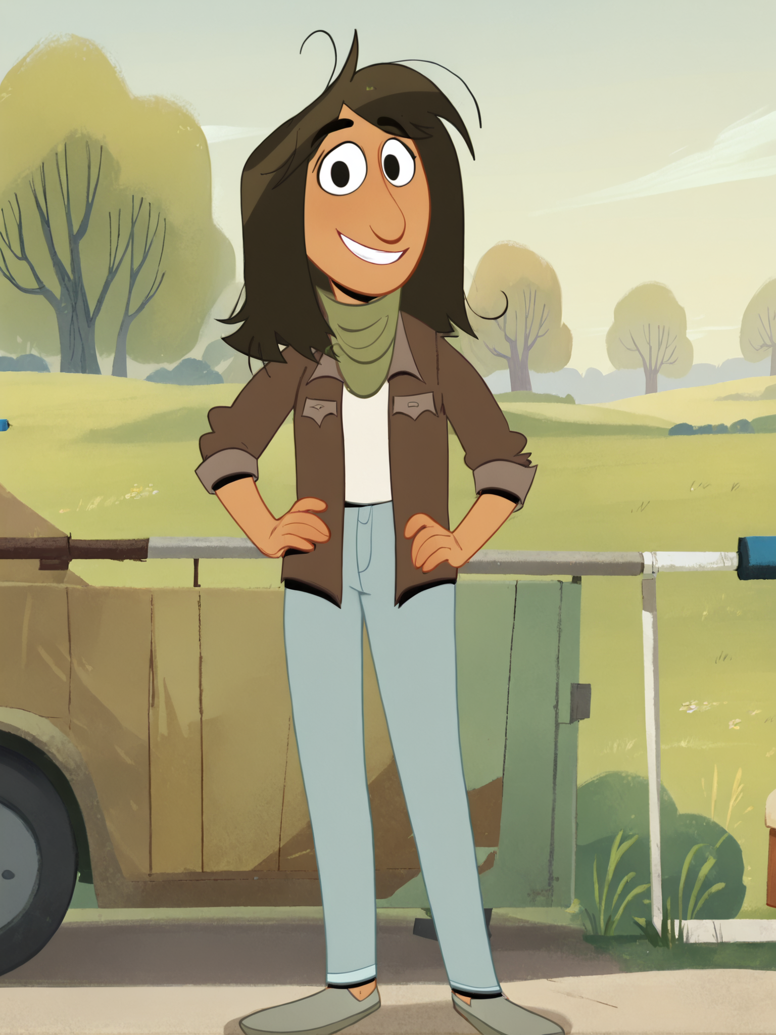 <lora:LeahPony1.0:1> leah, solo, brown hair, 1girl, long hair, black eyes, smile, brown jacket, green scarf, white shirt, jeans, smile, outdoors, looking at viewer, hand on own hip,breasts, score_9, score_8_up, score_7_up, score_6_up, score_5_up, score_4_up