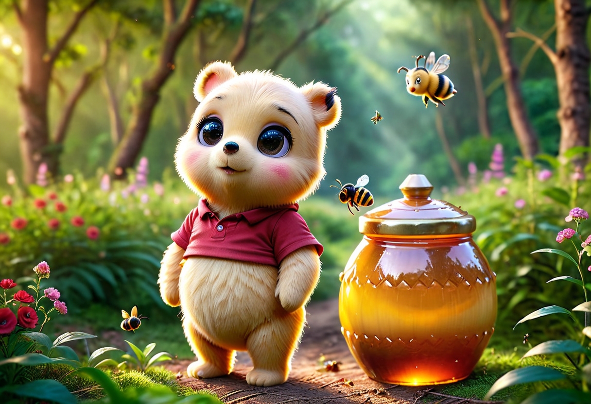 pam-swtvrld disney Winnie-the-Pooh next to a huge honey pot,wearing a red shirt,forest background with flowers and bees, warm light,full depth of field and realistic textures,highly detailed,masterpiece,high quality