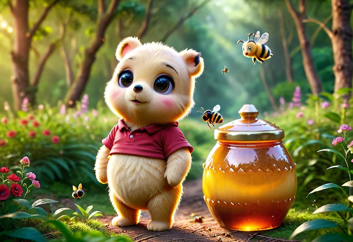 pam-swtvrld disney Winnie-the-Pooh next to a huge honey pot,wearing a red shirt,forest background with flowers and bees, warm light,full depth of field and realistic textures,highly detailed,masterpiece,high quality