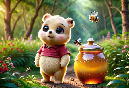 pam-swtvrld disney Winnie-the-Pooh next to a huge honey pot,wearing a red shirt,forest background with flowers and bees, warm light,full depth of field and realistic textures,highly detailed,masterpiece,high quality