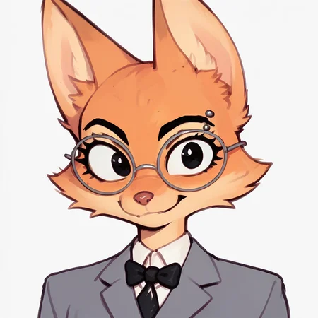 score_9, score_8_up, score_7_up, 1girl, Dian3Fox, fox, anthro, furry, ginger fur, black eyes, silver piercing on eyebrow, round glasses, fox ears, gray blazer, white shirt, black tie, gray pants, gray high heels, folded shirt collar