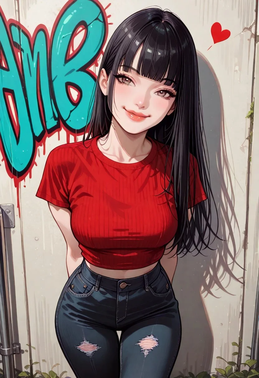 masterpiece, best quality, 32k, high resolution, absurdres, 1girl, Asian, long black hair, straight hair, blunt bangs, almond eyes, Asian eyes, medium breasts, large hips, slender, natural lips, beautiful lips, detailed eyes, cowboy shot, posing, beautiful, ((red) cropped t-shirt), low waist denim pants, heart shaped chocker, posing cute, beautiful smile, back on a wall, graffiti, aesthetic, front view, bent over, hands behind back, cute hand gesture