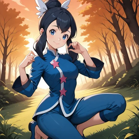 score_9, score_8, BREAK, solo, liza (pokemon), black hair, hair bun, single hair bun, long hair, sidelocks, blue eyes, white hair ribbon, blue jacket, long sleeves, pink star buttons, blue capri pants, blue shoes, adult female, mature female, breasts, sexy pose, self portrait, smile, outdoors, sunlight, shadows, evening lighting, natural lighting, forest, trees, grass, orange sky, sunset