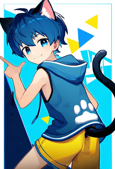 masterpiece, best quality, good quality, koemixpi-style, blue background, geometric shapes, white border, dutch angle, from behind, 1boy, solo, blue hair, blue eyes, cat ears, cat tail, black and blue sleeveless hoodie, yellow shorts, looking back at viewer, pointing, smile, depth of field, chromatic aberration <lora:koe-mixpi_naiXL_v3b_ShoAI:1>