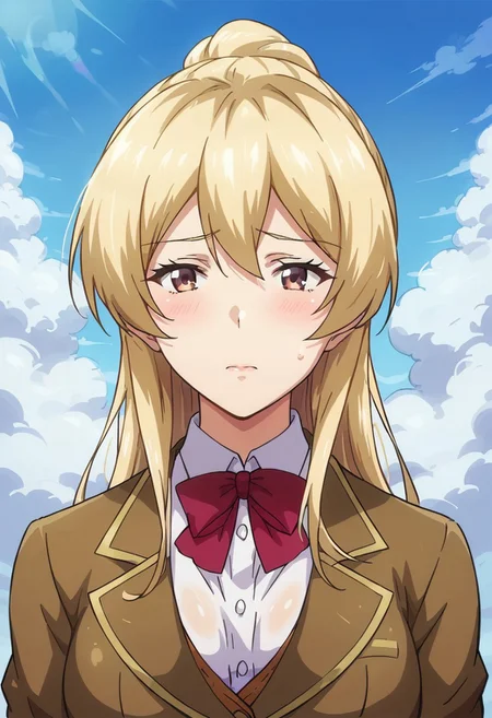 SCORE_9, SCORE_8_UP, SOURCE_ANIME, Expressiveh, YURIKA ICHIJOU, BLONDE HAIR, BROWN EYES, HUGE TITS, OLIVE BLAZER, DRESS SHIRT, BOWTIE, SKIRT, PANTYHOSE, SHY, BREAK, SUNNY DAY, BLUE SKY, CLOUDS