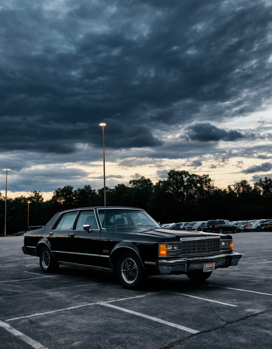 photo of a black car parked in an empty parking lot, evening, cloudy, extremely detailed