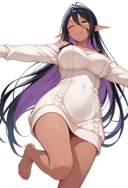masterpiece,high quality details, absurdres,
<lora:Mariabell:0.8>
mariabell_cnr, black hair, purple hair,olored inner hair, very long hair, hair between eyes,dark elf, slit pupils, large breasts,antenna hair,
mariabell_s1, 1girl, collarbone, bare shoulders, barefoot,ribbed sweater,sweater dress,, simple background, white background, from below,solo,, ;p,, arms spread wide,one leg extended forward,playful smile,, panicking,smirk,