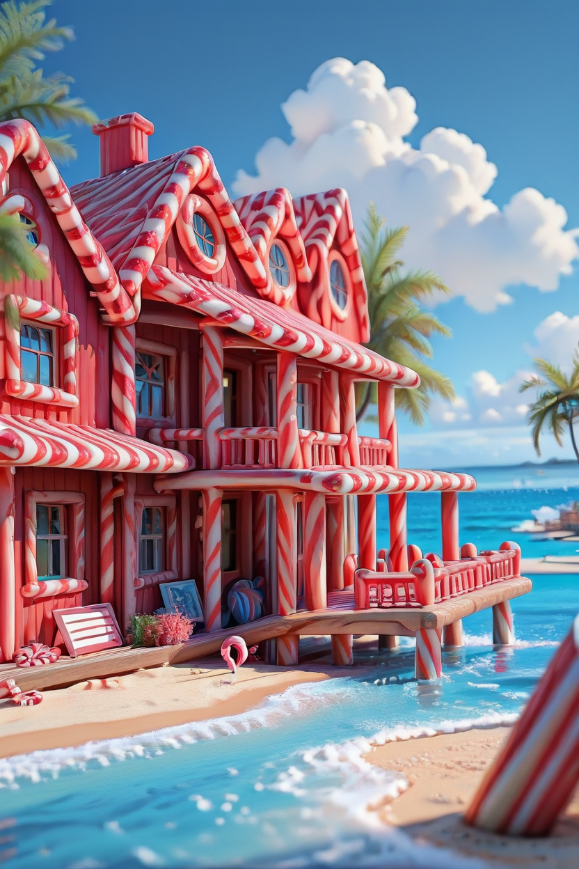 masterpiece, best quality,   CandyCaneMorph,   no humans, house, dock, outdoors, sky, day, cloud, water, tree, blue sky, no humans, depth of field, ocean, beach, scenery,   ,<lora:CandyCaneMorphIXL_v1:1.0>,