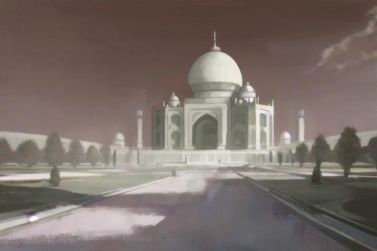 a painting of a large white building with a dome and pillars on the side of it and a walkway leading to a park
