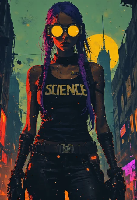 A cinematic low angle of a female cyberpunk with long purple hair in multiple braids that stick out from her head like extra appendages. She wears thick round welding goggles and caries a blowtorch. She wears a black tank top with the words "SCIENCE" written in white. She wears a leather workman's belt with multiple tools. In the background is a city at night the moon lights the scene with intense colors
