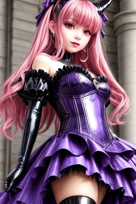 evil corrupted young princess wearing dark pastel (ruffled:1) (gleaming latex:1) EvlSM DarkPrecure Bad_End_Precure gown with (long latex cape:1) and latex elbow bridal gauntlets, (Perfect Face:1), soft lighting, glossy red lips, ruffles,
<lora:more_details:1>