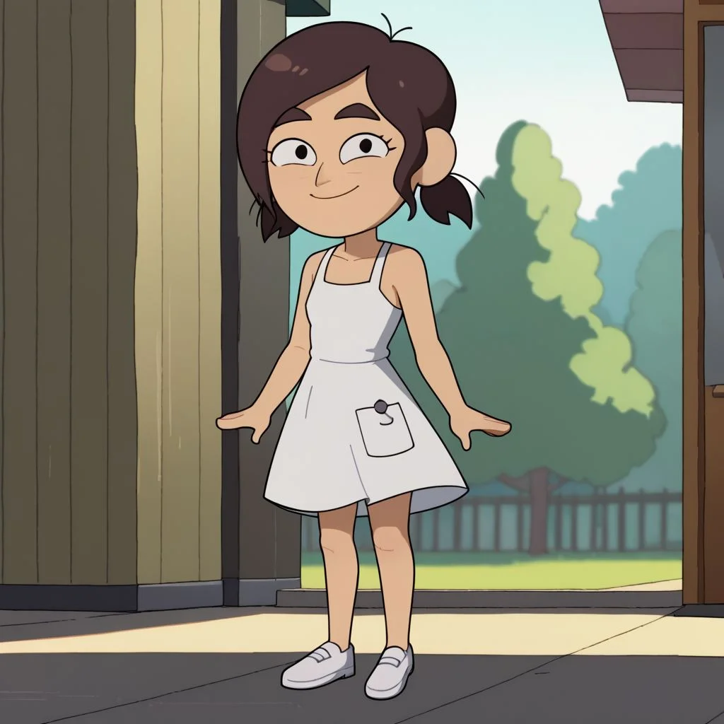 <lora:ReaganInsideJobPony1.0:1>reaganij, 1girl, solo, brown hair, indoors, thick eyebrows, short hair, bangs, short pigtails, score_9, score_8_up, score_7_up,
Sundress, smile, round face, young, ((flat chest)), chibi, full body, standing, looking at viewer, outdoors, white shoes