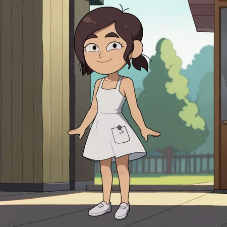 <lora:ReaganInsideJobPony1.0:1>reaganij, 1girl, solo, brown hair, indoors, thick eyebrows, short hair, bangs, short pigtails, score_9, score_8_up, score_7_up,
Sundress, smile, round face, young, ((flat chest)), chibi, full body, standing, looking at viewer, outdoors, white shoes