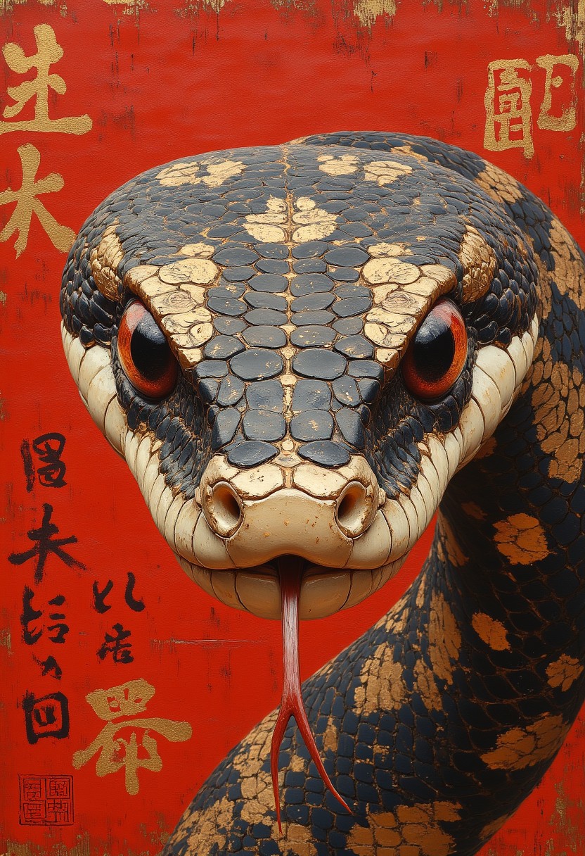 japanese snake art is depicted with intricate, realistic digital painting of a snake, with a striking contrast of red, gold, black and white, giving a three-dimensional effect, realistic appearance,