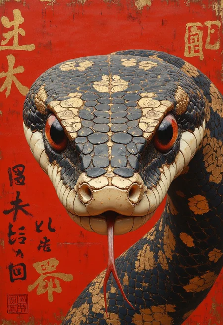 japanese snake art is depicted with intricate, realistic digital painting of a snake, with a striking contrast of red, gold, black and white, giving a three-dimensional effect, realistic appearance,