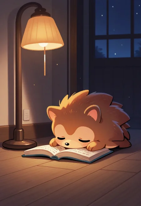 "(masterpiece, best quality, high quality, highres), very awa, highres, absurdres,
(naguru \(cyoroama\):0.9), (chii-kun \(seedyoulater\):0.7), (pikaole:0.8),
(hedgehog:1.1),
(no humans:1.1), (cute:1.2), comfy, solo, cozy,
indoors, reading a book, asleep, curious, relaxed, bored, sad, lying on floor, night, lamp, "
