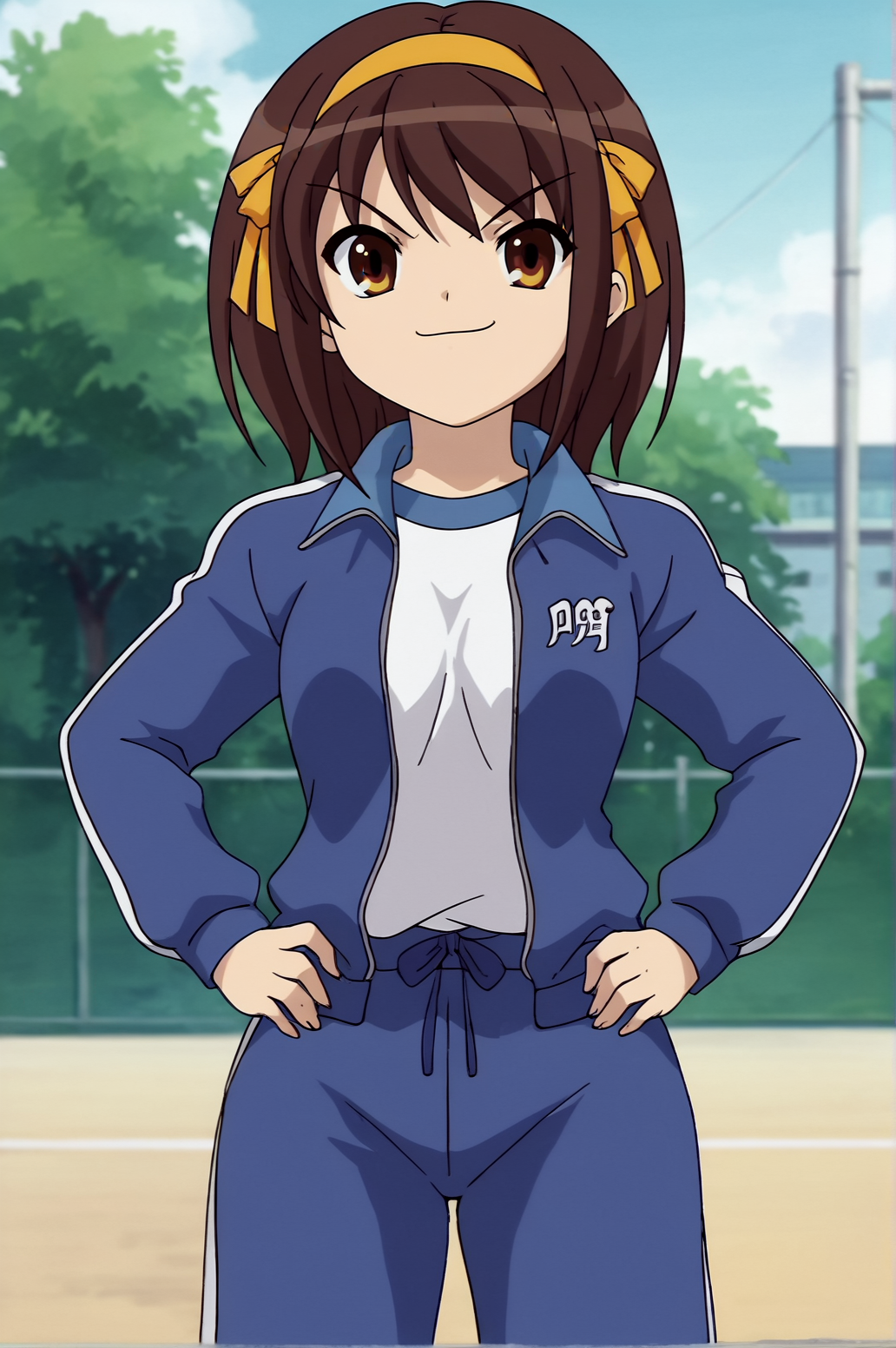 score_9, score_8_up, score_7_up,anime_source, source_anime, best background, detailed background, anime screencap,  haruhi suzumiya, Sports Uniform, dynamic angle, hands on hips, smug, looking away, outdoors, <lora:JN_Haruhi_Suzumiya:0.8>