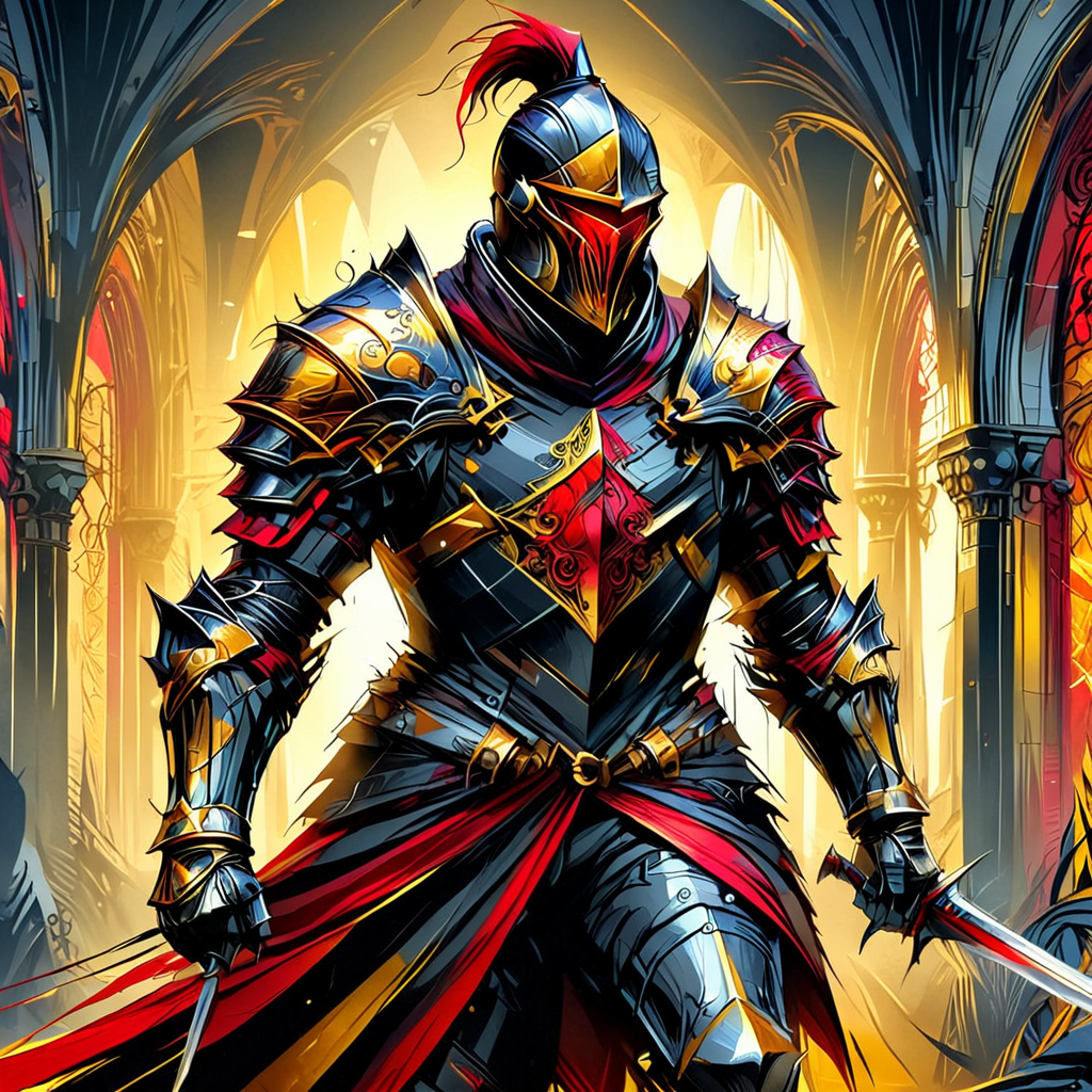 InkBlast, a knight in black red and gold armor, intense background