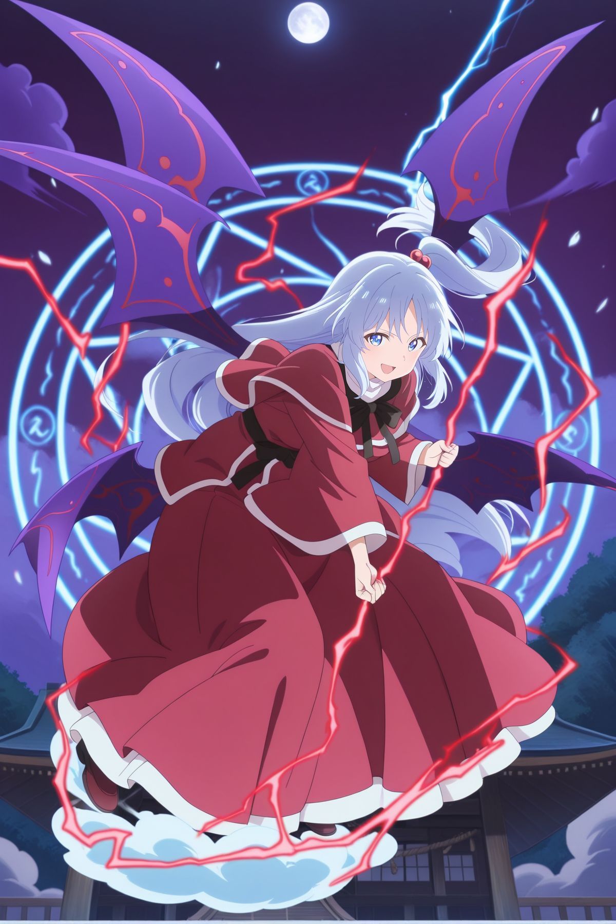 absurdres, highres, masterpiece, best quality, amazing quality, official anime artwork, screencap, anime screencap, smile, looking at viewer,
absurdres, highres, masterpiece, best quality, amazing quality, official anime artwork, screencap, anime screencap, open mouth, serious, dynamic pose, 
 <lora:Shinki_Illustrious:1> shinki, 1girl, solo, blue eyes, white hair, long hair, high side ponytail, small breasts, multiple wings, demon wings,, hair bobbles, black ribbon, red capelet, red dress, wide sleeves, danmaku, clouds, lightning, magic circle, flying, fighting stance, night, shrine, smoke, light particles, holding lightning bolt,