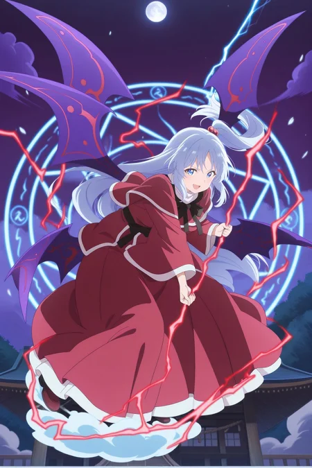 absurdres, highres, masterpiece, best quality, amazing quality, official anime artwork, screencap, anime screencap, smile, looking at viewer,
absurdres, highres, masterpiece, best quality, amazing quality, official anime artwork, screencap, anime screencap, open mouth, serious, dynamic pose,
<lora:Shinki_Illustrious:1> shinki, 1girl, solo, blue eyes, white hair, long hair, high side ponytail, small breasts, multiple wings, demon wings,, hair bobbles, black ribbon, red capelet, red dress, wide sleeves, danmaku, clouds, lightning, magic circle, flying, fighting stance, night, shrine, smoke, light particles, holding lightning bolt,