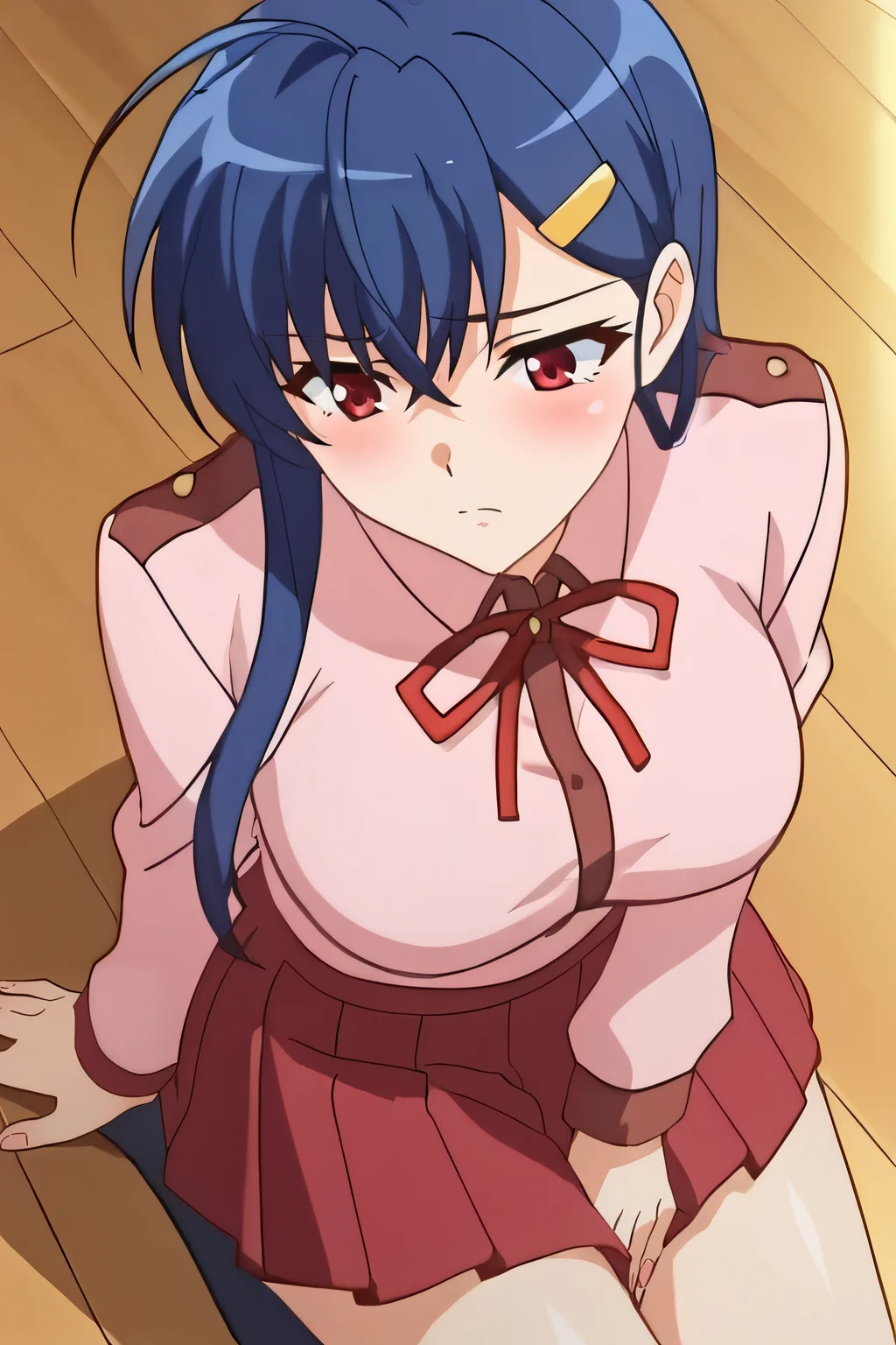 score_9, score_8_up, score_7_up, source_anime, rating_safe, intricate details, anime screencap, official style, 1girl, solo, <lora:Reiko:1>, reiko, blue hair, red eyes, yellow hairclip, school uniform, pink shirt, long sleeves, red ribbon, large breasts, red skirt, pleated skirt, indoor, classroom, sad expression, from above, kneeling, blush, embarrased, looking away