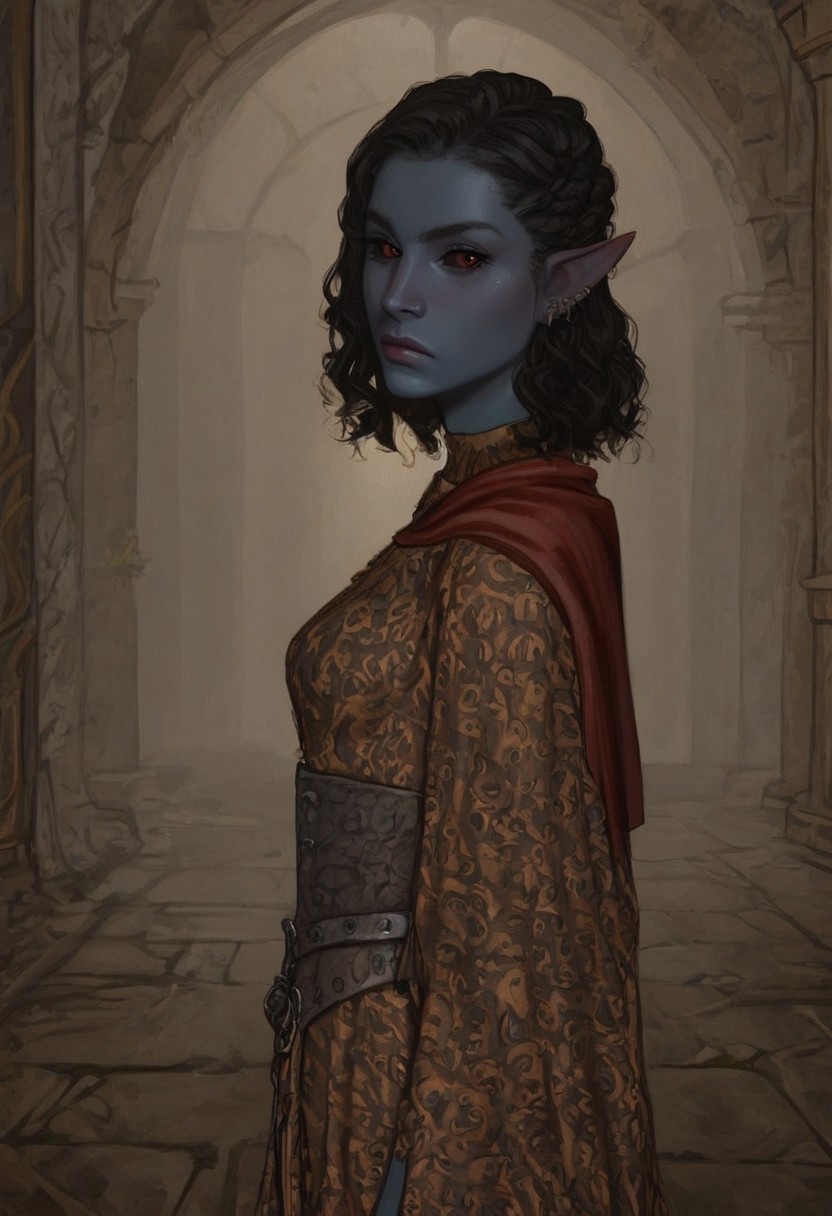 safe_pos, solo, short pointy ears, piercings, nord woman, random elf face, aquiline features, dark elf, weathered skin, large nose, animated realism, zoomed out, Syrian features, torso, brass pipes and gears, intricate architecture, dwarven masonry, dwemer fixtures, white-green light, gloomy lighting, ancient ruins, interior, stone tiled floor, grey-blue skin, mahogany and ivory clothes, medium armor, bone plate armor, ivory straps and fittings, grey wood neckguard, dark red sclera, black pupils, distant mushroom forest, blue-green light, neon, highly detailed, defined features, looking at viewer, three quarters view, from side, dynamic lighting, 36 years old, light and shadows, patterned cloth, annoyed expression, expressive eyes, detailed medieval clothes, medium_breasts, medium hair, wavy hair, thick hair, beaded hair, braided hair, under cut hair, semirealistic, alien elf, spanish features, jewish features, black hair, dark red hair, umber skin, sharp features, red persian print cloak, nighttime, high detail, absurdres, pretty eyes, detailed eyes, red eyes,