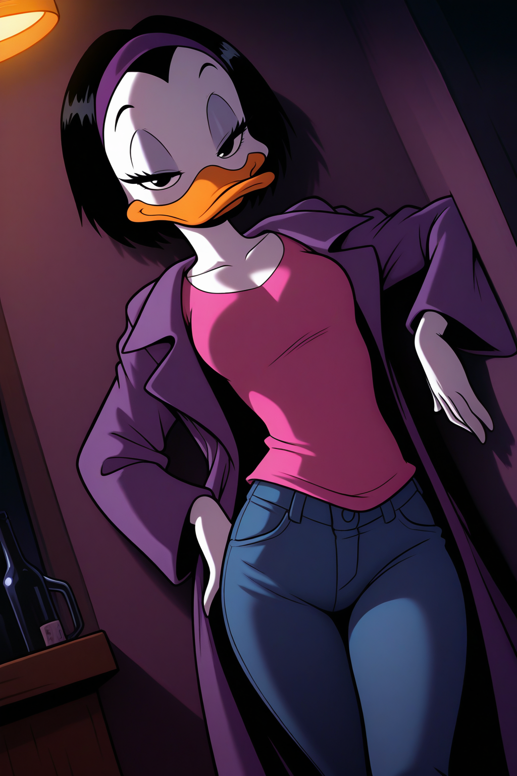 masterpiece, best quality, amazing quality, absurdres, solo, kay-k, smile, duck girl, dutch angle, standing, looking at viewer, half-closed eyes, leaning back, against wall, short black hair, purple hairband, white skin, purple coat, pink shirt, blue jeans, indoors, dark lighting, bar, night club