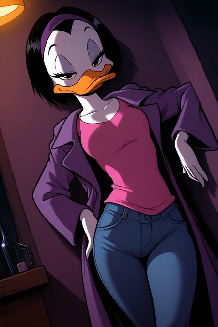 masterpiece, best quality, amazing quality, absurdres, solo, kay-k, smile, duck girl, dutch angle, standing, looking at viewer, half-closed eyes, leaning back, against wall, short black hair, purple hairband, white skin, purple coat, pink shirt, blue jeans, indoors, dark lighting, bar, night club
