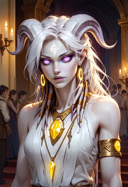 (absurdres, best quality, masterpiece:1.4), score_9, score_8_up, score_7_up, score_6_up, detailed, detailed body, detailed face, world of warcraft, fantasy, <lora:add-detail-xl:1.5>,
fFaceDetail, (female, draenei, h0rns, ram horns, white horns, tall, athletic arms, pale white skin, long white hair, purple eyes, no pupils, no sclera, long white tail, long fingers, purple fingernail polish), 
(long loose white dress, sleeveless, tail under dress, simple armlet, small yellow gem pendant, small yellow gem earrings),
upper body, front view, looking at viewer, 
depth of field, indoors, ballroom, (crowds in background, fantasy clothing, human, varied clothing)