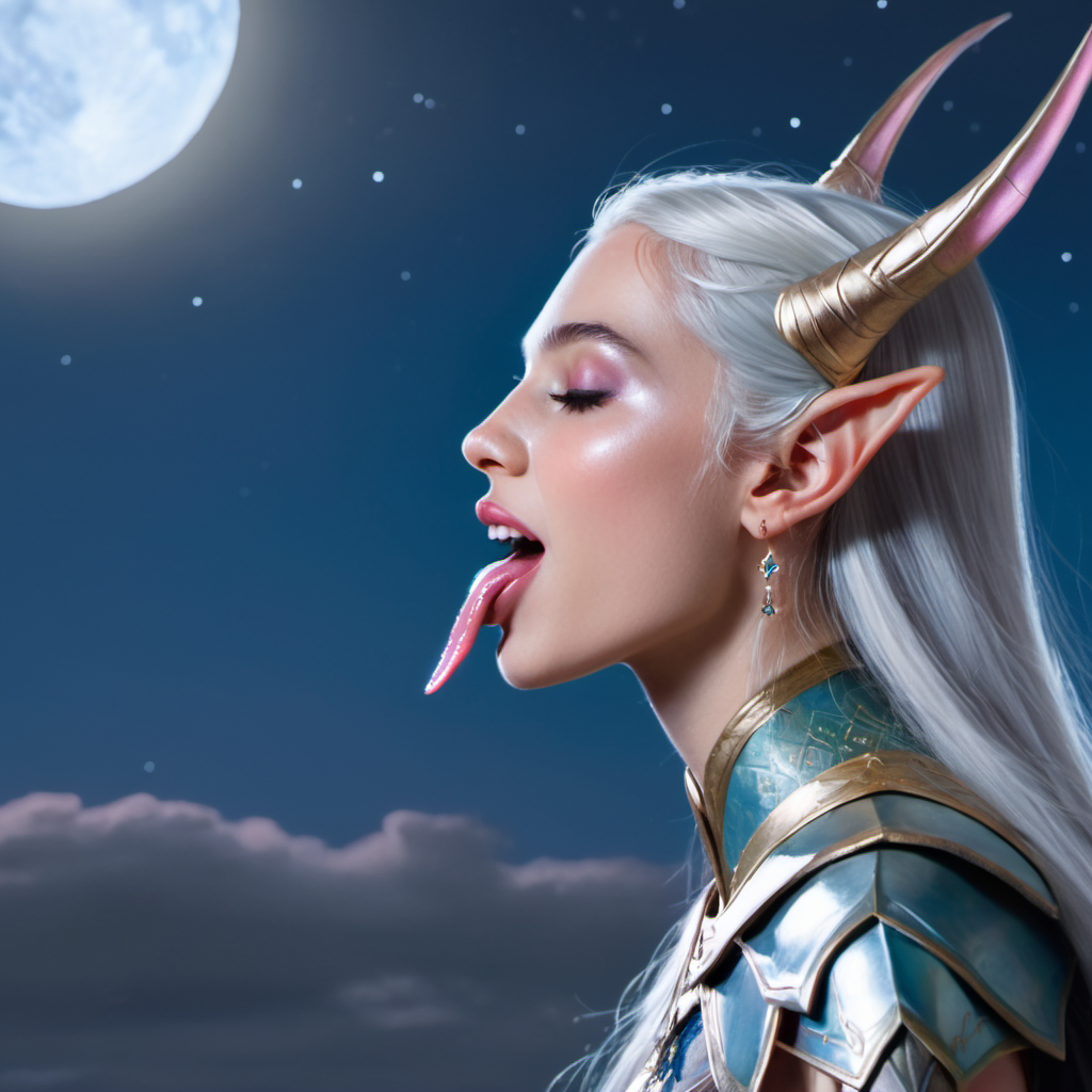 Side view, Tongue out, A ((painting)) of a stunning happy high elf princess woman sticking her pink tongue out,moonlight, ethereal,  <lora:concept_tongue_out_xl_1_standard_merger_57_80_04_06:0.6>