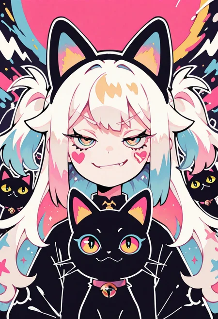 1girl, multicolored hair, fake black cat ears, eyelashes, blending, smirk, outline, white outline, (upper body :1.3), multicolored background, shadow, blending, cel shading,
masterpiece, best quality ,amazing quality, S4bit4mago_illu , Protoneon ,s0wasow4rt_illu,