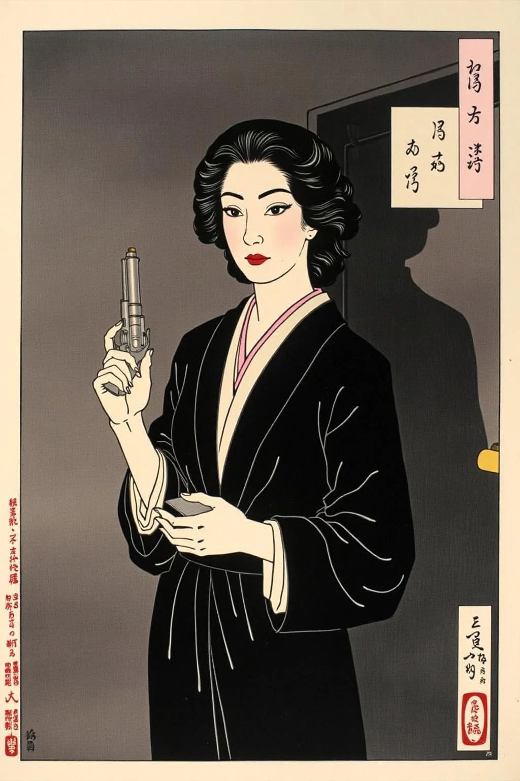 tsukioka1 Japanese woodblock print ukiyo-e.
a mysterious woman with dark, wavy hair and piercing eyes stands in the shadows of a dimly lit room. She is holding a small revolver with a delicate yet firm grip. Her red lipstick is the only color that stands out in the darkness, her intentions unclear but dangerous. <lora:schnell_v1.0:1.0> <lora:tsukioka_ukyo-e4_nocap_d8a4:1.0><lora:798027927724854958:0>