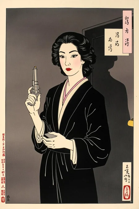 tsukioka1 Japanese woodblock print ukiyo-e.
a mysterious woman with dark, wavy hair and piercing eyes stands in the shadows of a dimly lit room. She is holding a small revolver with a delicate yet firm grip. Her red lipstick is the only color that stands out in the darkness, her intentions unclear but dangerous. <lora:schnell_v1.0:1.0> <lora:tsukioka_ukyo-e4_nocap_d8a4:1.0><lora:798027927724854958:0>