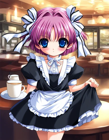 score_9, score_8_up, score_7_up, source_anime, rating_explicit, BREAK  <lora:Kago_Noa_Ver2.0_XL:0.8> KagoNoa, pink hair, purple hair, blue eyes, hair ribbon, white ribbon, short hair,  short stack,
Gothic Maid, cafe, 
blush,
looking at viewer, 
cowboy_Shot,