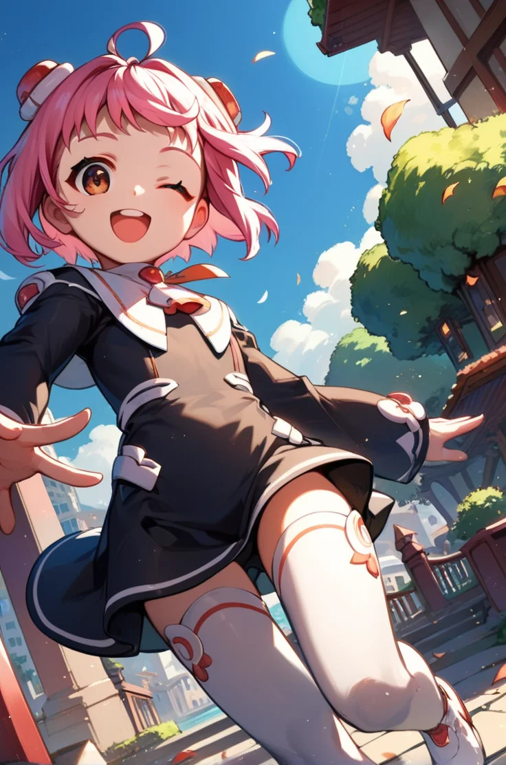 score_9, score_8_up, score_7_up, very aesthetic, source_anime, detailed, high quality, beautiful, masterpiece, detailed eyes,
<lora:lightXL:0.7>
city view, sakura tree,
cowboy shot, close up, dynamic angle,
flat chest, smile, wink, open mouth, dynamic pose,
<lora:momo1_autismConfetti_v01:0.95>
m.o.m.o., 1girl, pink hair, short hair, hair ornament, ahoge, brown eyes,
black dress, short dress, white thighhighs, zettai ryouiki, white footwear, long sleeves,, zPDXL