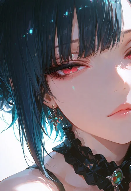 masterpiece, best quality, good quality, newest, highres, absurdres, volumetric lighting,gradient color,
BREAK
raytracing, volumetric lighting, ambient occlusion, girl, luminescent background, masterpiece, best quality, very awa, absurdres,
BREAK
solo, model style, spiky hair, messy hair, lips, narrowed eyes, asymmetrical bangs,
BREAK
masterpiece,amazing quality,best quality,ultra-detailed,8K,illustration,CG,shiny hair,clear skin,ultra-detailed-eyes,simple background, beautiful girl, eyelashes
BREAK,
perfect composition, solo, 1girl, red eyes, short hair, dark blue hair, eye focus, eye reflection, eyelashes, blank stare, looking at viewer,